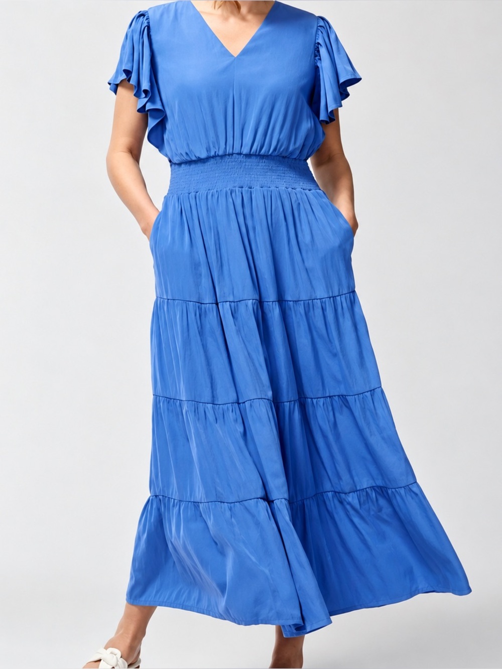 Chico’s Tiered Flutter Sleeve Maxi Dress Amparo Blue Size 2 US 12